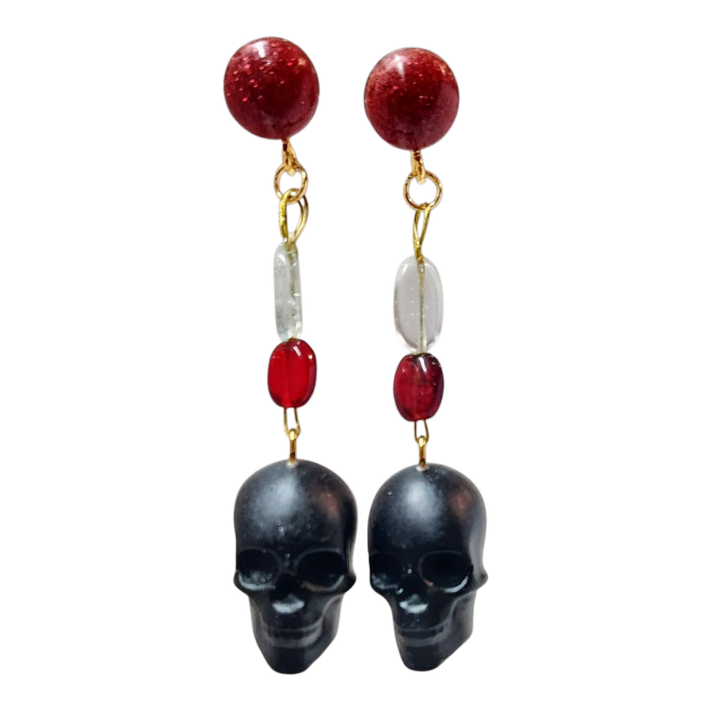 Black Dangle Skull Stud Earrings w/ Red Accents