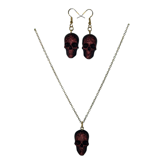 Red Holographic Skull Necklace and Earrings Set