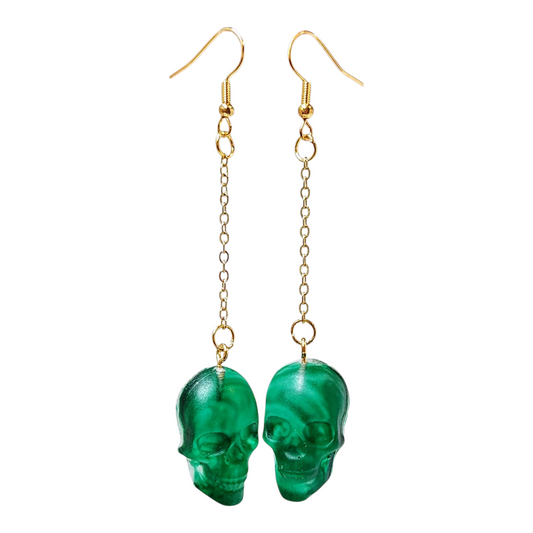 Translucent Green Skull w/ Gold Metal Earrings